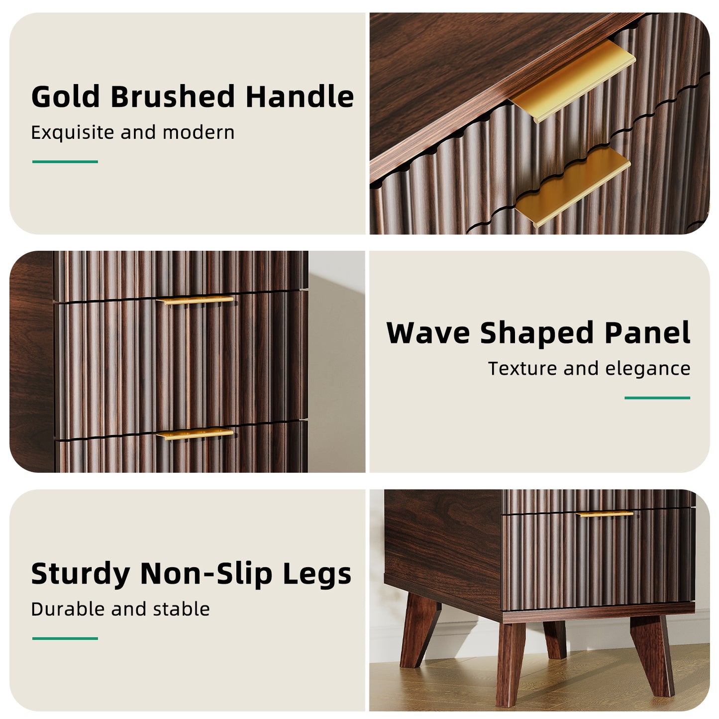 Charging Nightstand with Hidden Outlets & 3 Drawers, Modern End Table, with USB Ports, Wave Groove Design, Compact Size，Vintage Brown