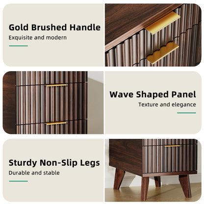 Charging Nightstand with Hidden Outlets & 3 Drawers, Modern End Table, with USB Ports, Wave Groove Design, Compact Size，Vintage Brown