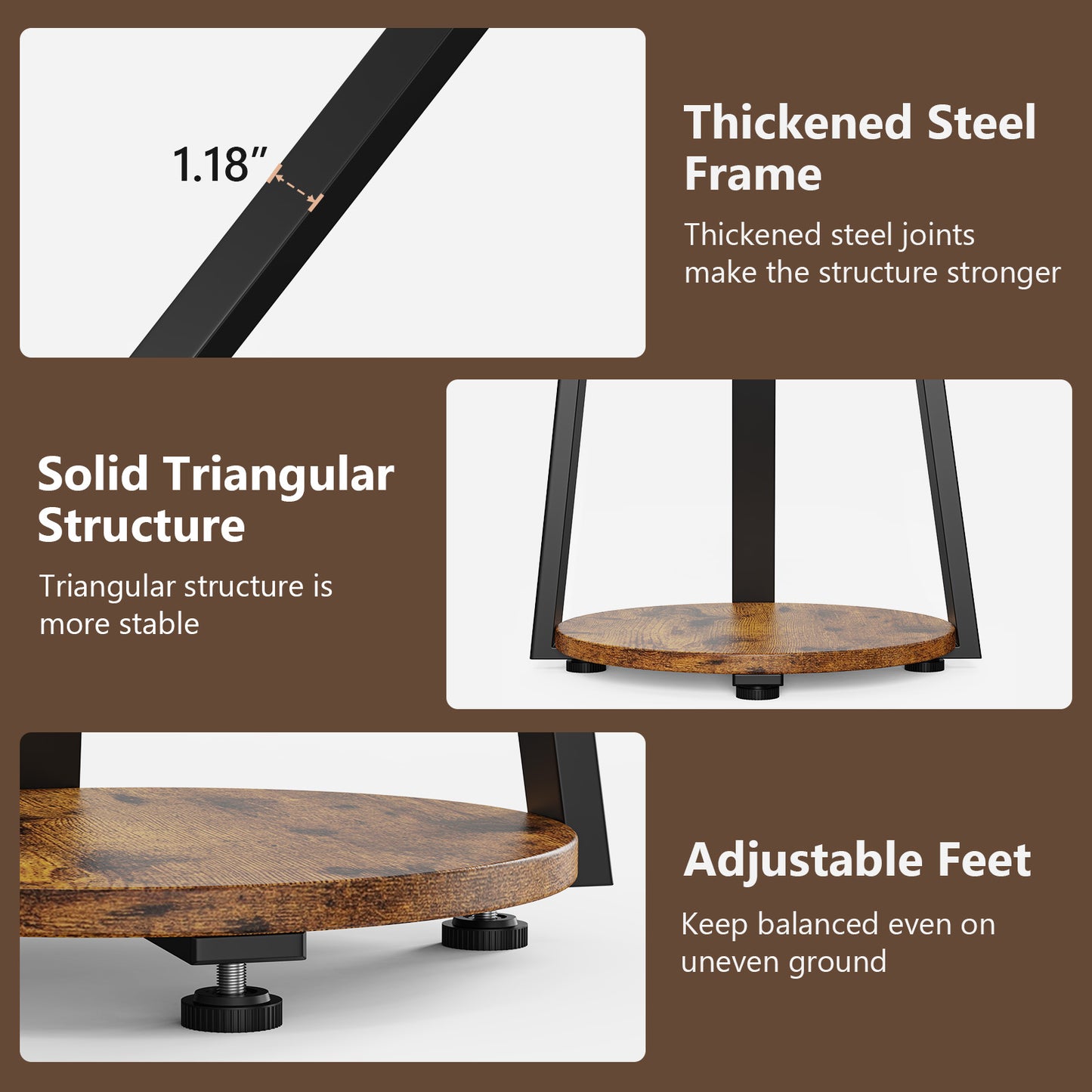 End Side Table, Round Sofa Table with Metal Frame, 3-Tier Coffee Table Nightstand for Home, Black&Brown