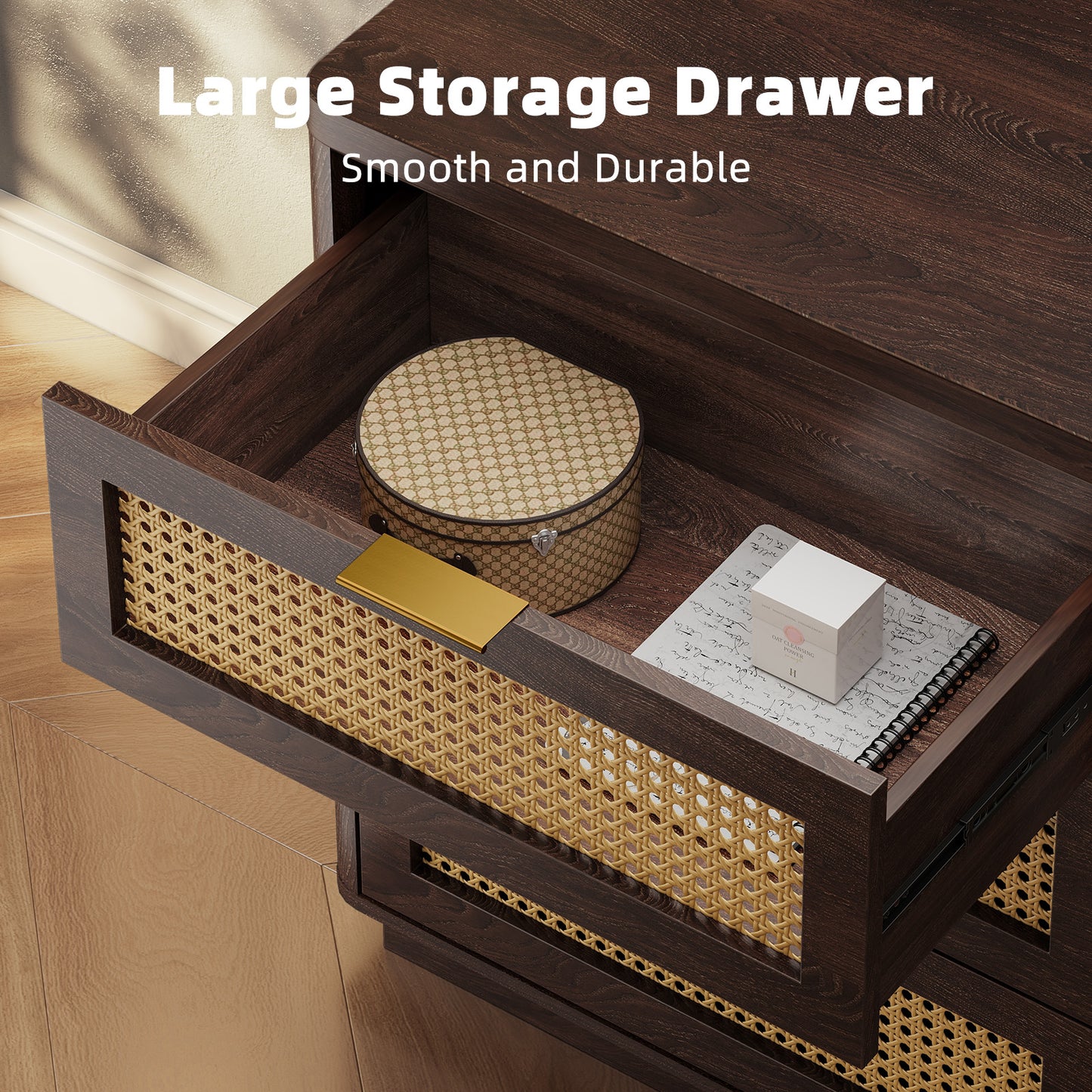 Kalrin Rattan Nightstands, Bedside Table - Larger Night Stand with Charging Station, 3 Drawers Storage, Boho Night Stands End Table for Bedroom Office