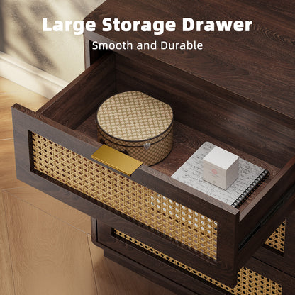 Kalrin Rattan Nightstands, Bedside Table - Larger Night Stand with Charging Station, 3 Drawers Storage, Boho Night Stands End Table for Bedroom Office