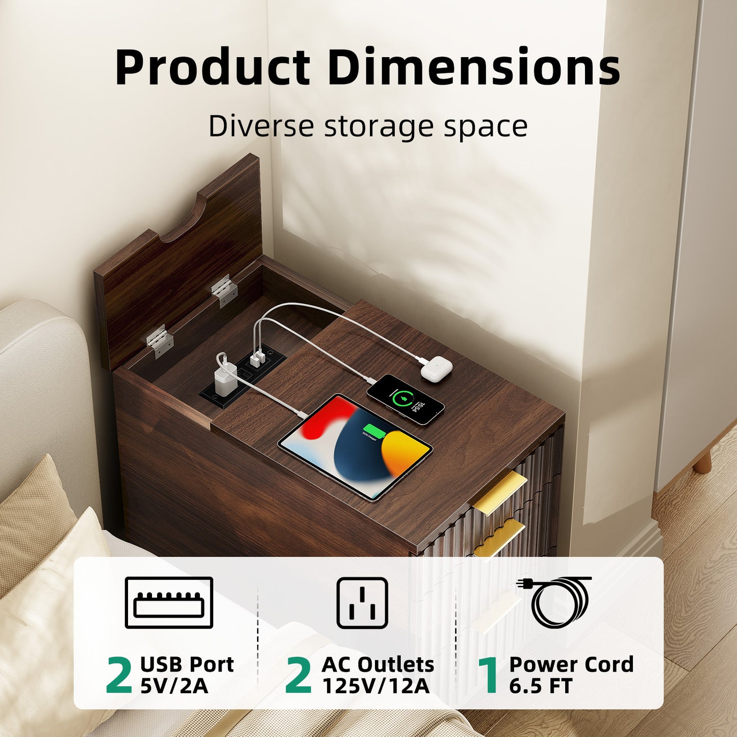 Charging Nightstand with Hidden Outlets & 3 Drawers, Modern End Table, with USB Ports, Wave Groove Design, Compact Size，Vintage Brown