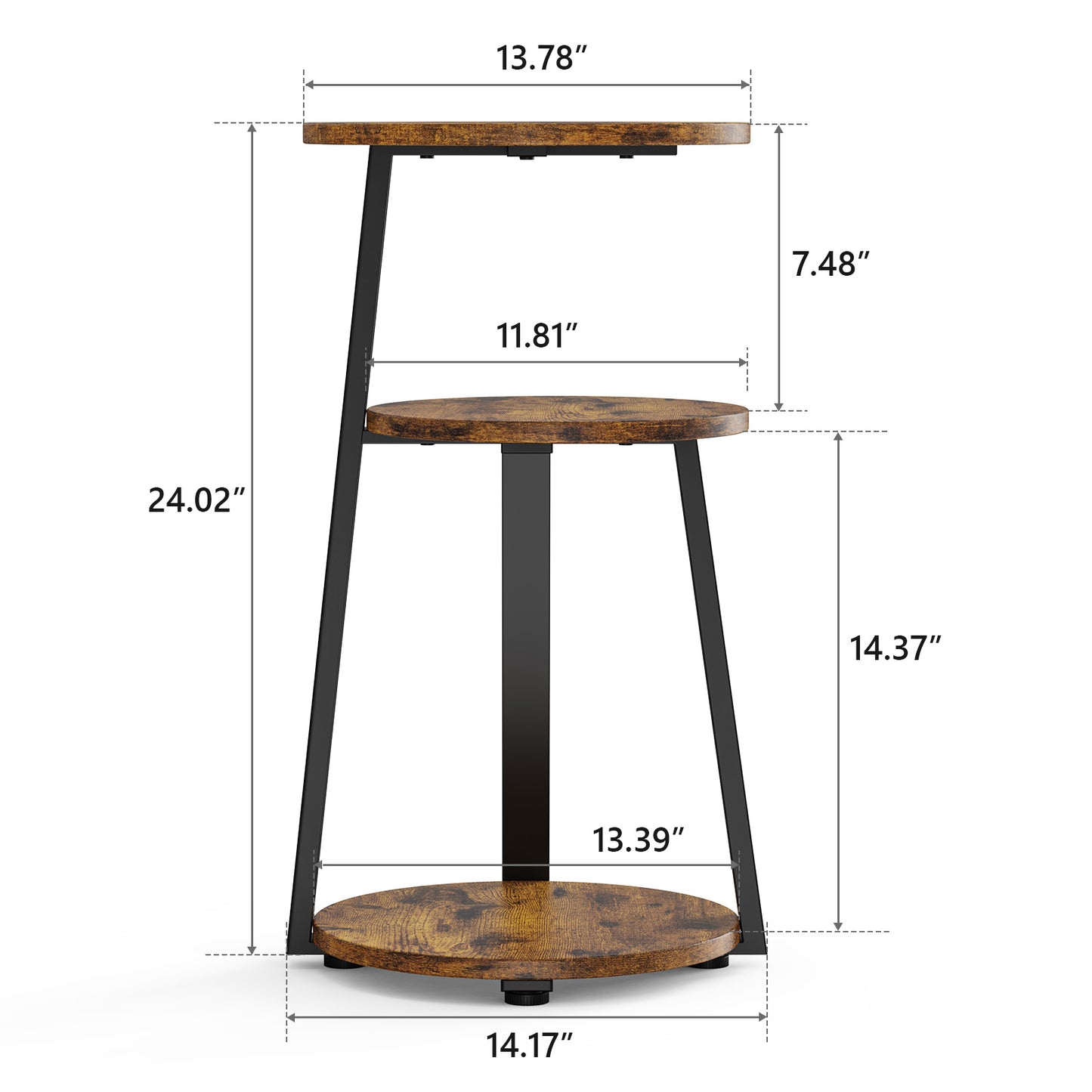 End Side Table, Round Sofa Table with Metal Frame, 3-Tier Coffee Table Nightstand for Home, Black&Brown