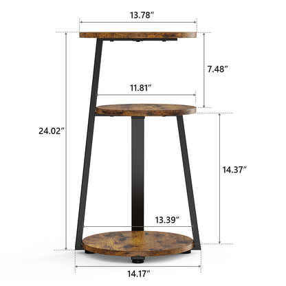 End Side Table, Round Sofa Table with Metal Frame, 3-Tier Coffee Table Nightstand for Home, Black&Brown