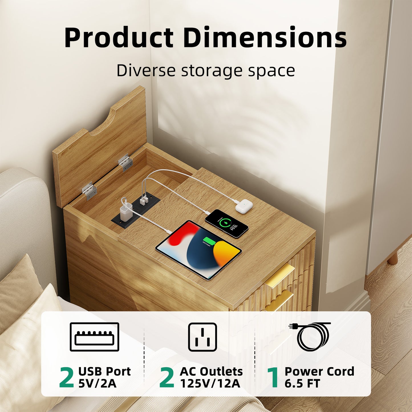 Charging Nightstand with Hidden Outlets & 3 Drawers, Modern End Table, with USB Ports, Wave Groove Design, Compact Size，Natural Wood