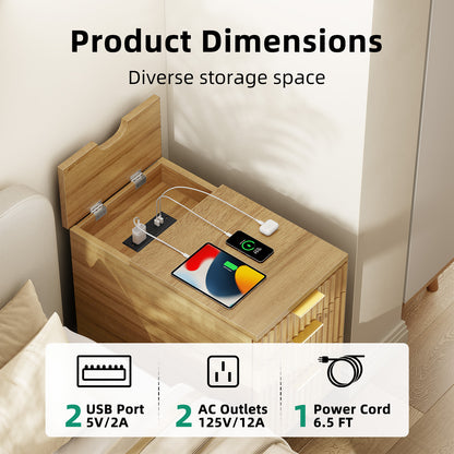 Charging Nightstand with Hidden Outlets & 3 Drawers, Modern End Table, with USB Ports, Wave Groove Design, Compact Size，Natural Wood