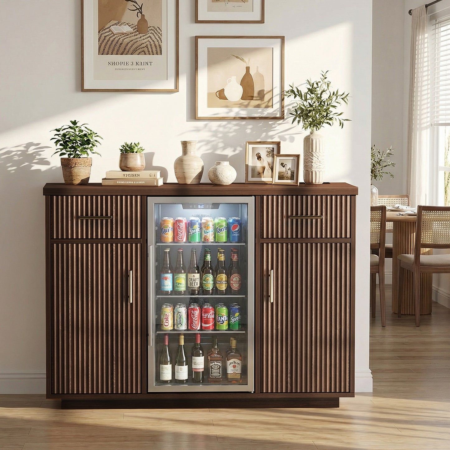 Kalrin Coffee Bar Cabinet Large with Fridge Storage, Mini Fridge Bar Cabinet with Adjustable Shelf, Wine Storage Buffet Sideboard Table for Home Bar, Built-in Charging Station, Modern Design