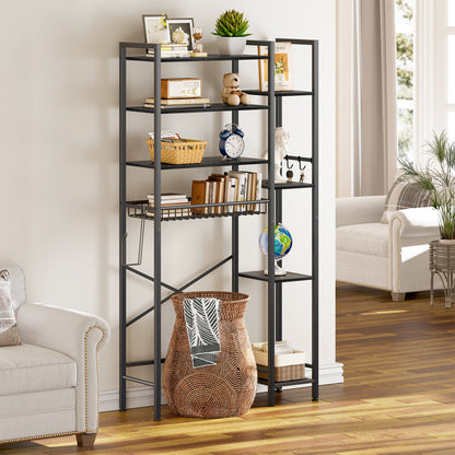 Toilet Storage Shelf, 8-Tier Wooden Bathroom Organizer Shelf Adjustable Saver Space Rack with Toilet Paper Holder, Classic Black