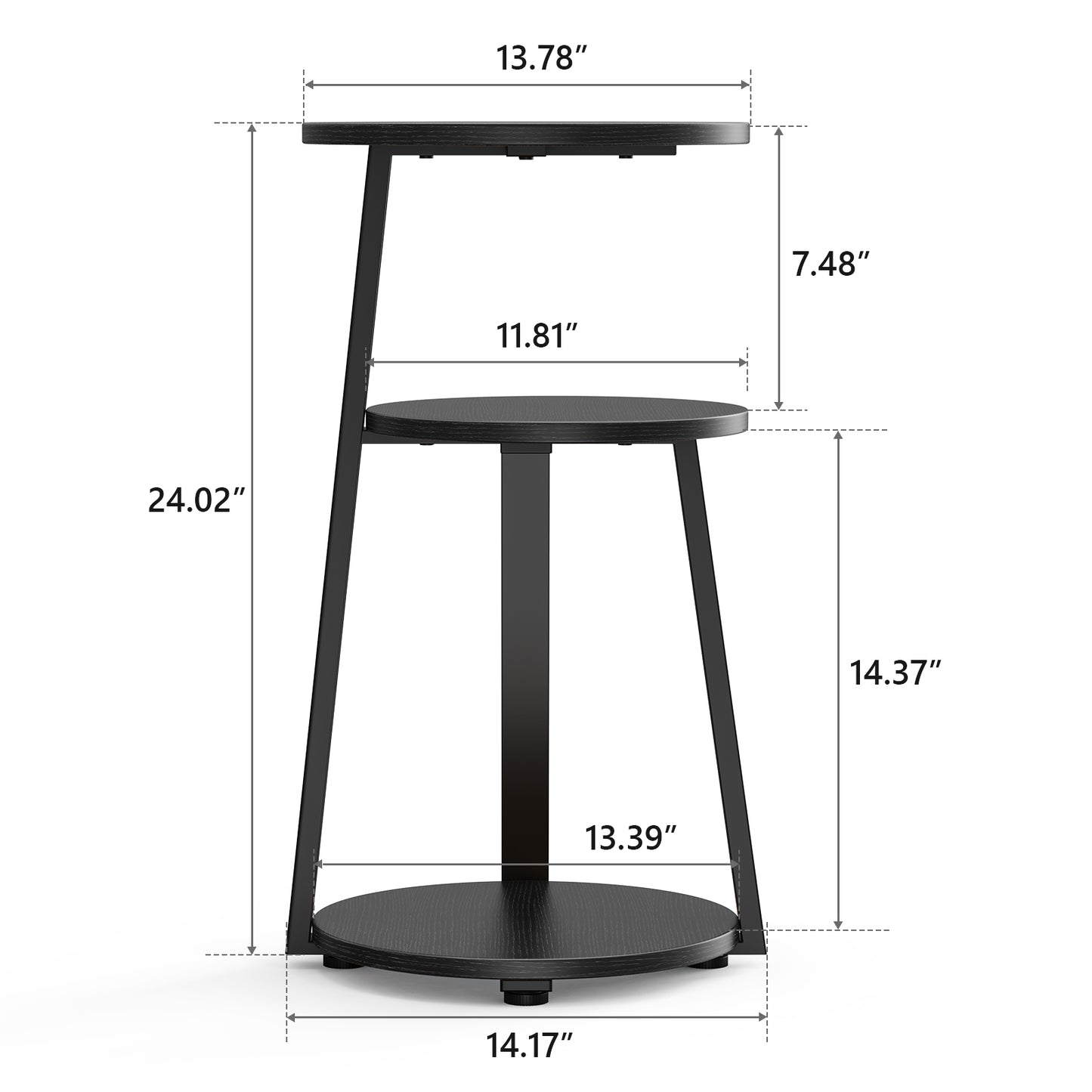 End Side Table, Round Sofa Table with Metal Frame, 3-Tier Coffee Table Nightstand for Home, Black