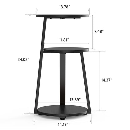 End Side Table, Round Sofa Table with Metal Frame, 3-Tier Coffee Table Nightstand for Home, Black