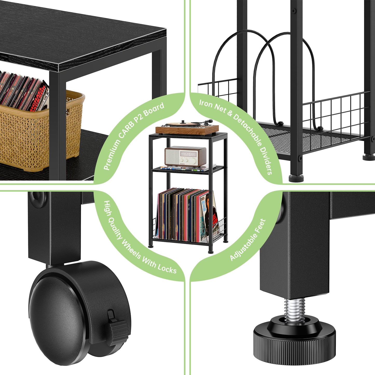 3-Tier End Side Table, Movable Record Player Stand with Vinyl Record Storage