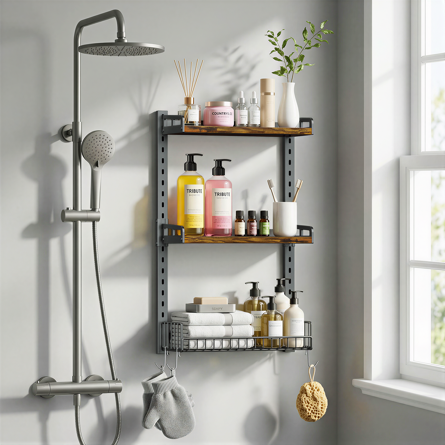 Kalrin 3 Tier Bathroom Shelves Over Toilet - Wall Mounted Floating Shelves with Drain Basket, Toilet Paper Storage, Height Adjustable Over The Toilet Storage, Vintage Brown