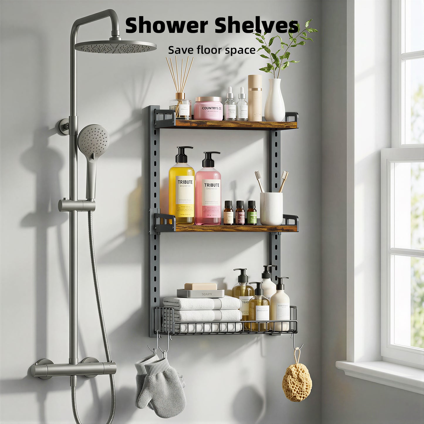 Kalrin 3 Tier Bathroom Shelves Over Toilet - Wall Mounted Floating Shelves with Drain Basket, Toilet Paper Storage, Height Adjustable Over The Toilet Storage, Vintage Brown
