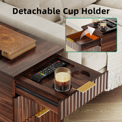 Charging Nightstand with Hidden Outlets & 3 Drawers, Modern End Table, with USB Ports, Wave Groove Design, Compact Size，Vintage Brown