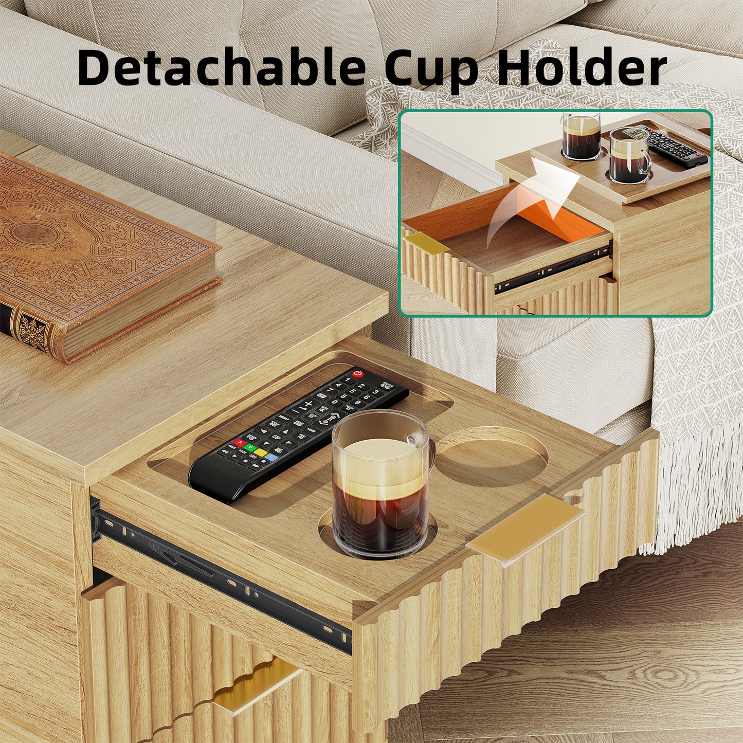 Charging Nightstand with Hidden Outlets & 3 Drawers, Modern End Table, with USB Ports, Wave Groove Design, Compact Size，Natural Wood
