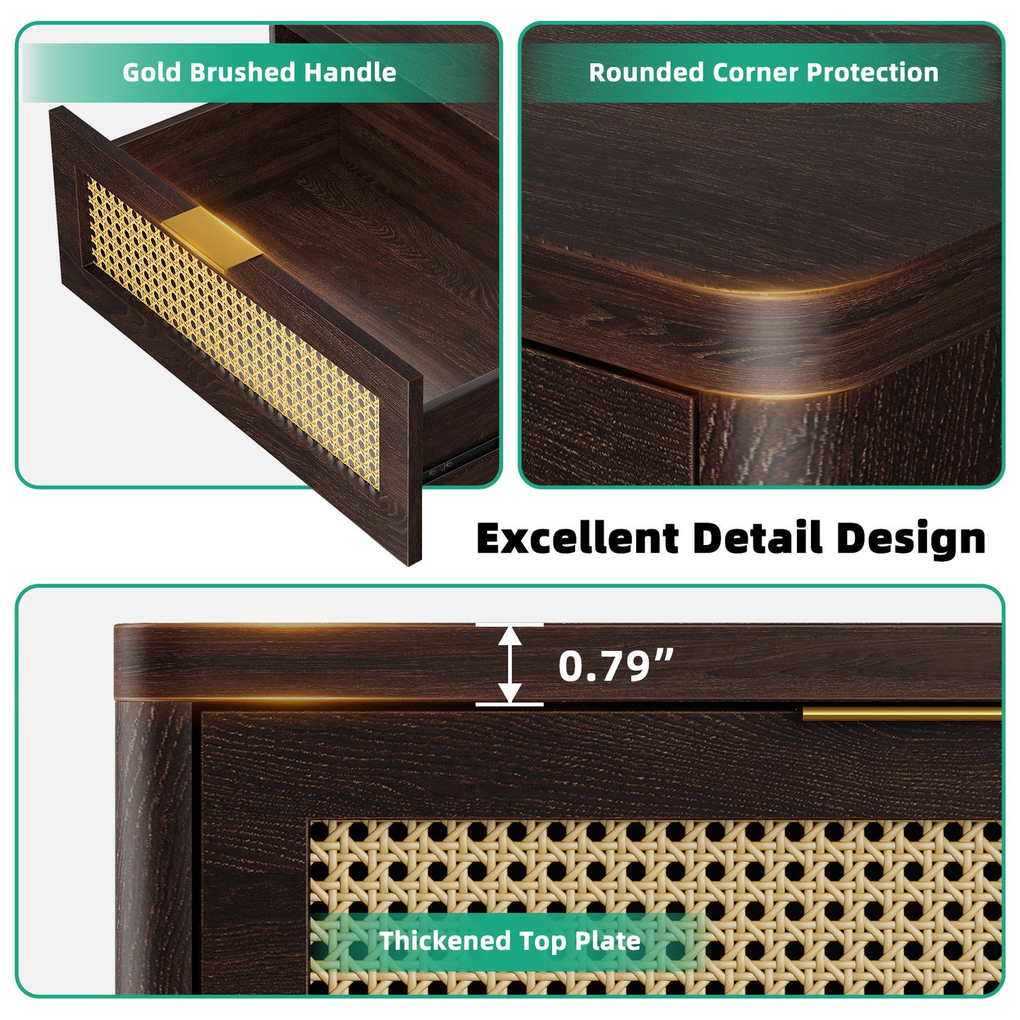 Kalrin Rattan Nightstands, Bedside Table - Larger Night Stand with Charging Station, 3 Drawers Storage, Boho Night Stands End Table for Bedroom Office
