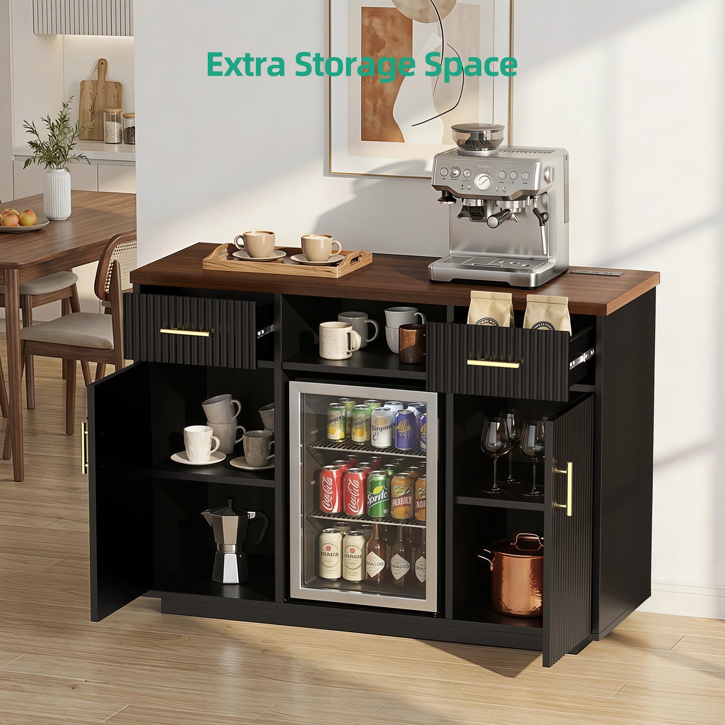 Kalrin Coffee Bar Cabinet Large with Fridge Storage, Mini Fridge Bar Cabinet with Adjustable Shelf, Wine Storage Buffet Sideboard Table for Home Bar, Built-in Charging Station, Modern Design