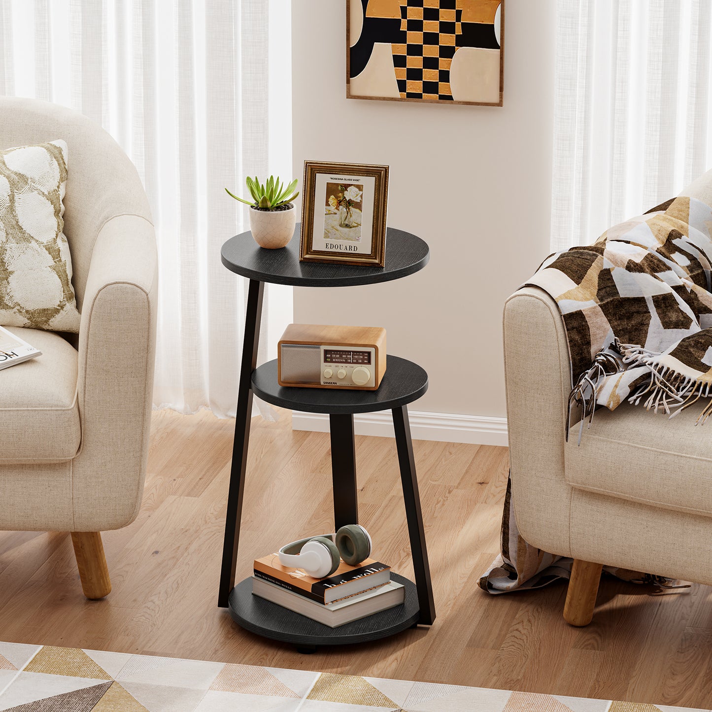 End Side Table, Round Sofa Table with Metal Frame, 3-Tier Coffee Table Nightstand for Home, Black