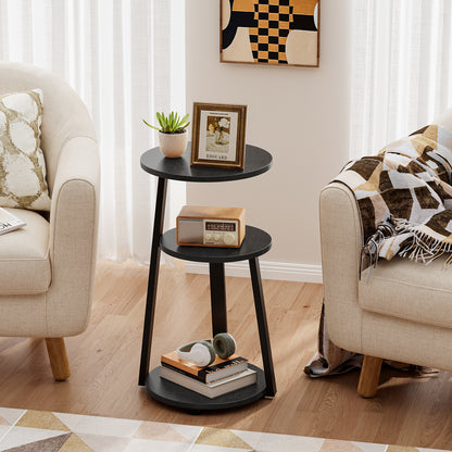 End Side Table, Round Sofa Table with Metal Frame, 3-Tier Coffee Table Nightstand for Home, Black