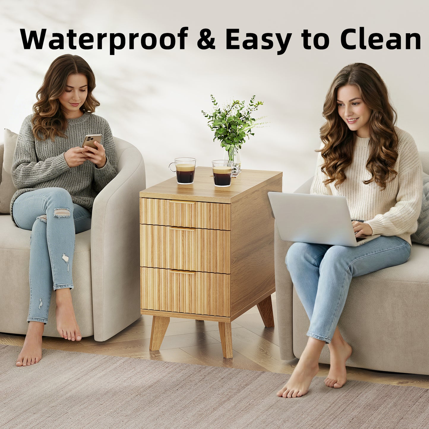 Charging Nightstand with Hidden Outlets & 3 Drawers, Modern End Table, with USB Ports, Wave Groove Design, Compact Size，Natural Wood