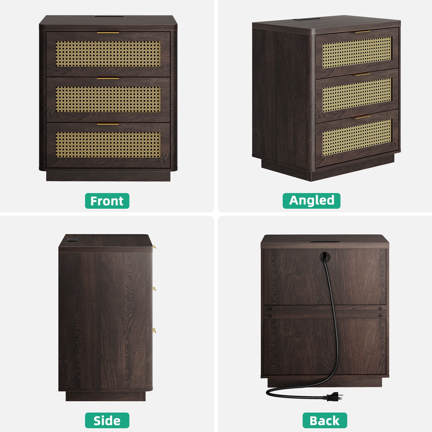 Kalrin Rattan Nightstands, Bedside Table - Larger Night Stand with Charging Station, 3 Drawers Storage, Boho Night Stands End Table for Bedroom Office