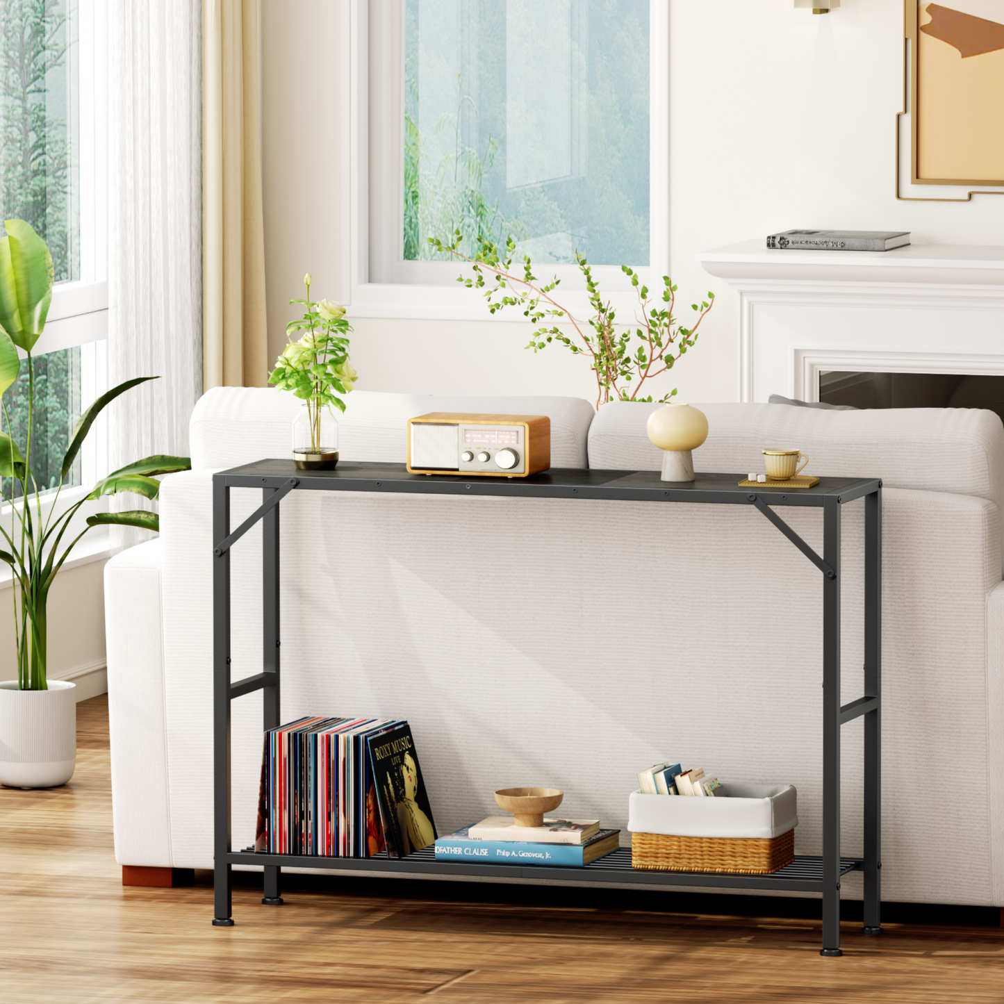 Narrow Console Table, 11.22" Entryway Table Hallway Table with Storage Shelves, Sofa Table for Living Room, Foyer, Oak Gray