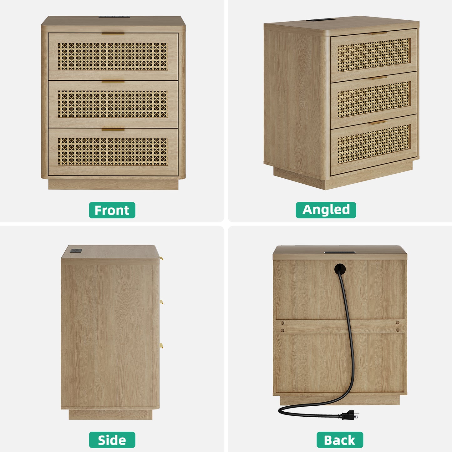 Kalrin Rattan Nightstands, Bedside Table - Larger Night Stand with Charging Station, 3 Drawers Storage, Boho Night Stands End Table for Bedroom Office