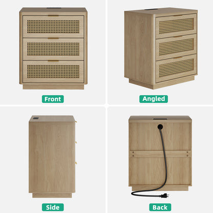 Kalrin Rattan Nightstands, Bedside Table - Larger Night Stand with Charging Station, 3 Drawers Storage, Boho Night Stands End Table for Bedroom Office