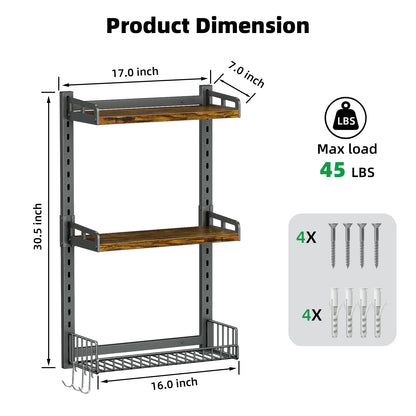 Kalrin 3 Tier Bathroom Shelves Over Toilet - Wall Mounted Floating Shelves with Drain Basket, Toilet Paper Storage, Height Adjustable Over The Toilet Storage, Vintage Brown