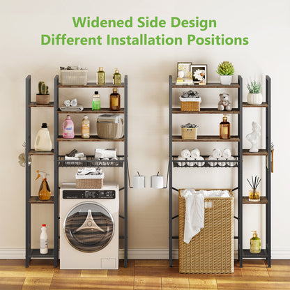 Toilet Storage Shelf, 8-Tier Wooden Bathroom Organizer Shelf Adjustable Saver Space Rack with Toilet Paper Holder, Brown