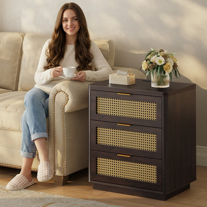 Kalrin Rattan Nightstands, Bedside Table - Larger Night Stand with Charging Station, 3 Drawers Storage, Boho Night Stands End Table for Bedroom Office