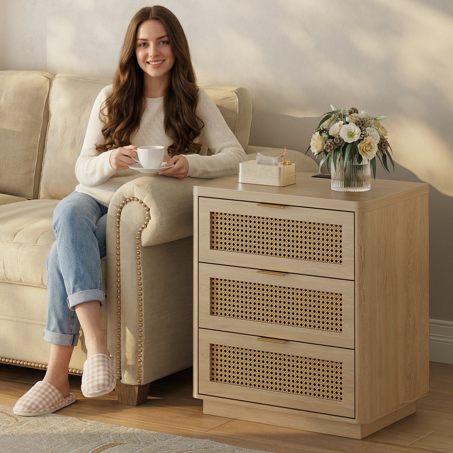 Kalrin Rattan Nightstands, Bedside Table - Larger Night Stand with Charging Station, 3 Drawers Storage, Boho Night Stands End Table for Bedroom Office
