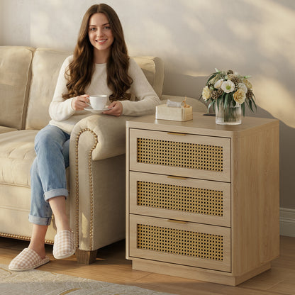 Kalrin Rattan Nightstands, Bedside Table - Larger Night Stand with Charging Station, 3 Drawers Storage, Boho Night Stands End Table for Bedroom Office