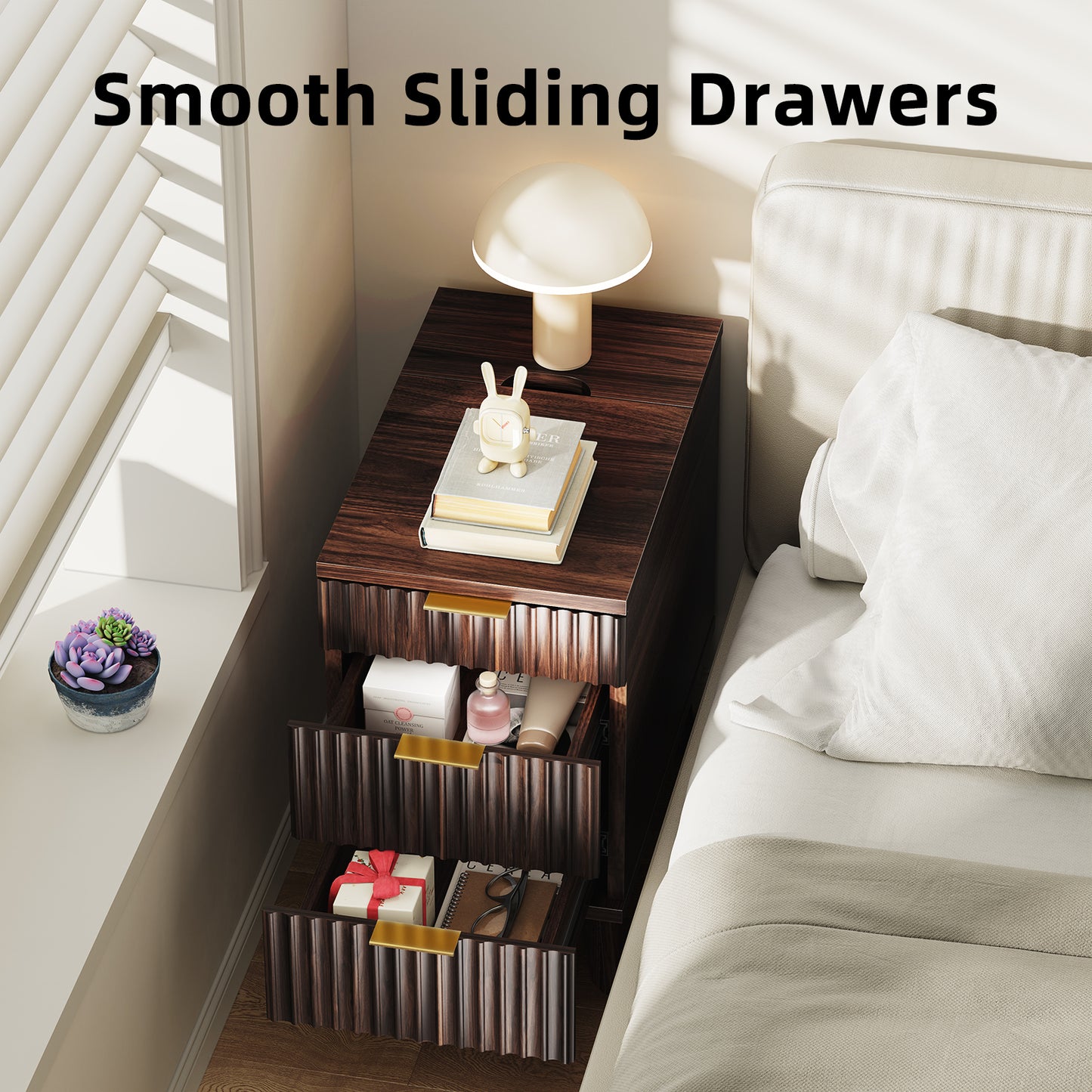 Charging Nightstand with Hidden Outlets & 3 Drawers, Modern End Table, with USB Ports, Wave Groove Design, Compact Size，Vintage Brown