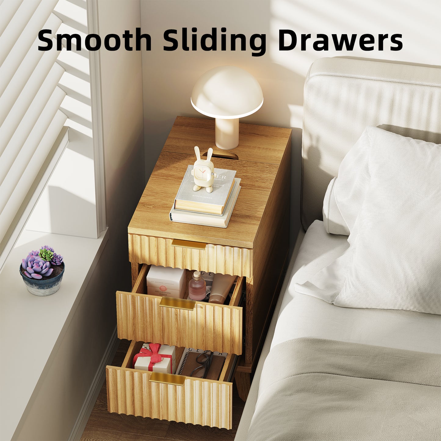 Charging Nightstand with Hidden Outlets & 3 Drawers, Modern End Table, with USB Ports, Wave Groove Design, Compact Size，Natural Wood