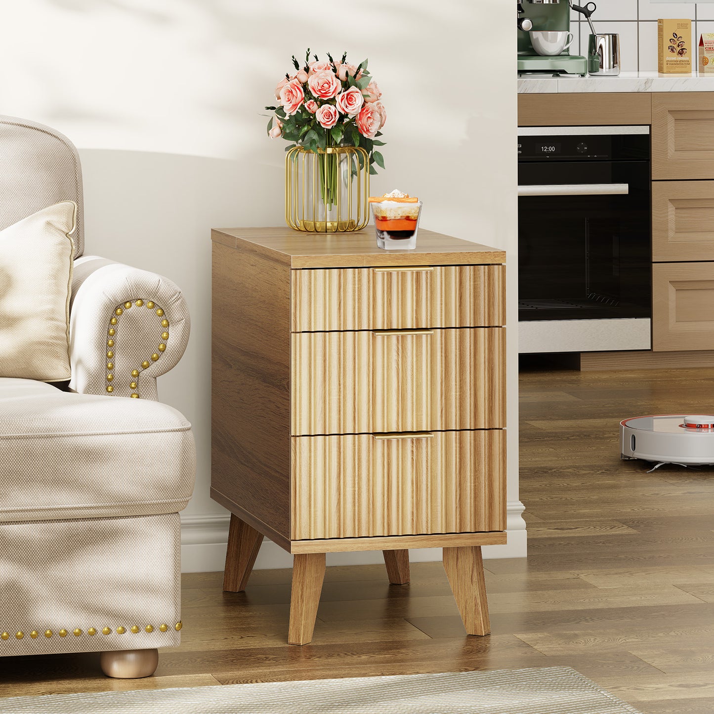 Charging Nightstand with Hidden Outlets & 3 Drawers, Modern End Table, with USB Ports, Wave Groove Design, Compact Size，Natural Wood