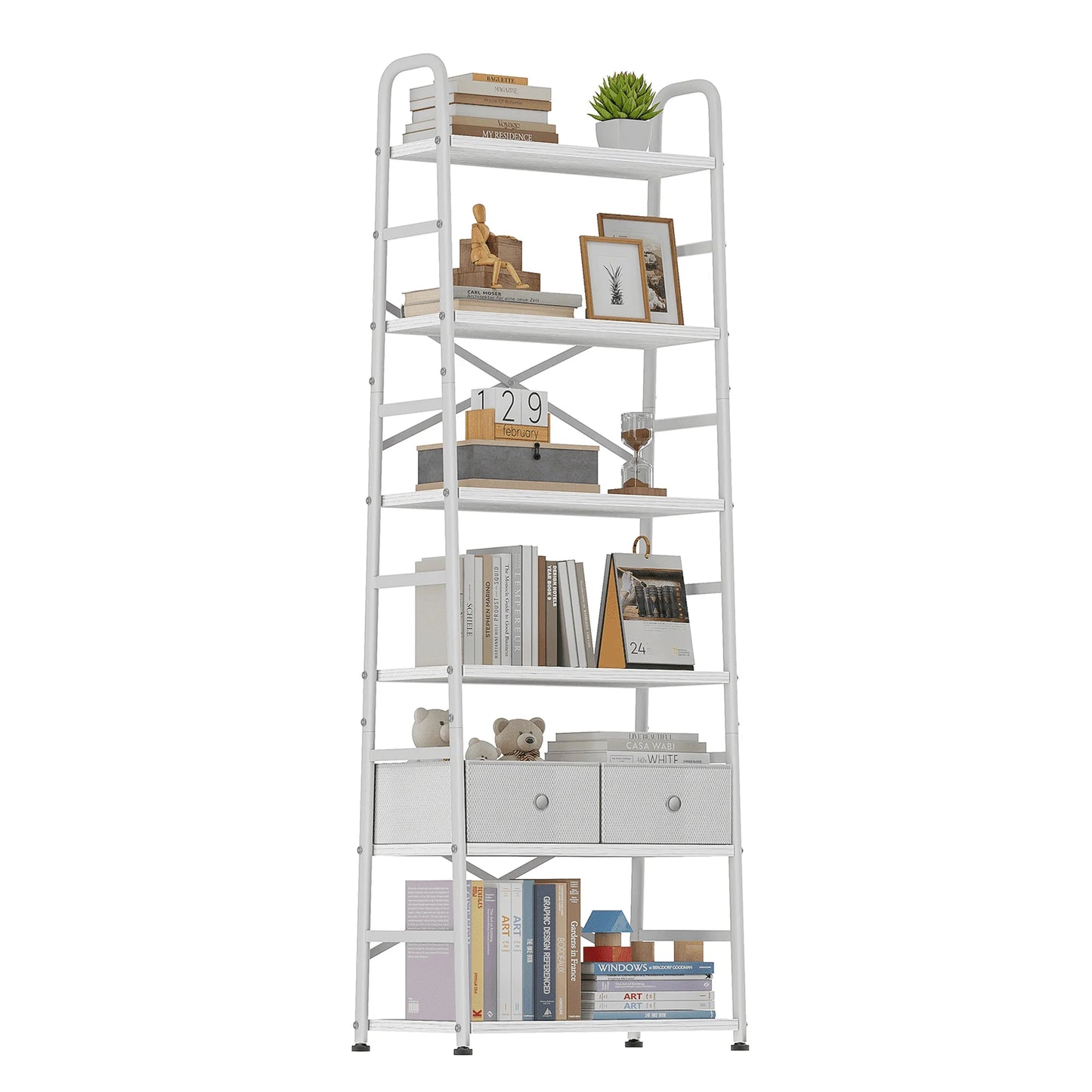 6 Tier Book Shelf, Ladder Bookcase with 2 Removable Drawers