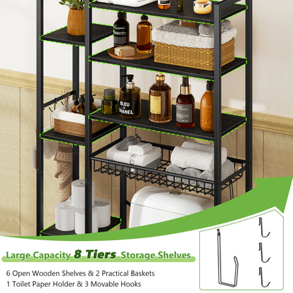 Toilet Storage Shelf, 8-Tier Wooden Bathroom Organizer Shelf Adjustable Saver Space Rack with Toilet Paper Holder, Classic Black
