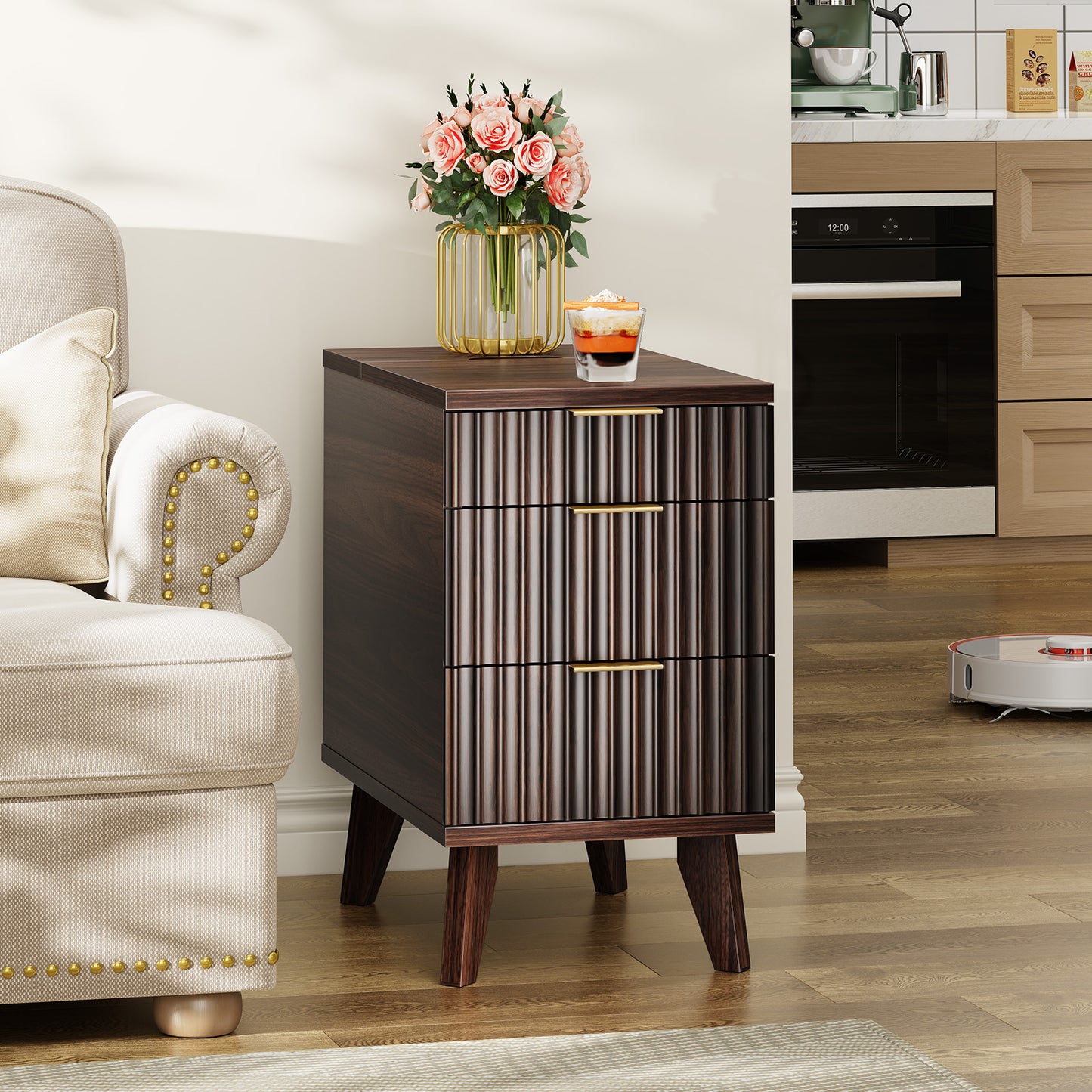 Charging Nightstand with Hidden Outlets & 3 Drawers, Modern End Table, with USB Ports, Wave Groove Design, Compact Size，Vintage Brown