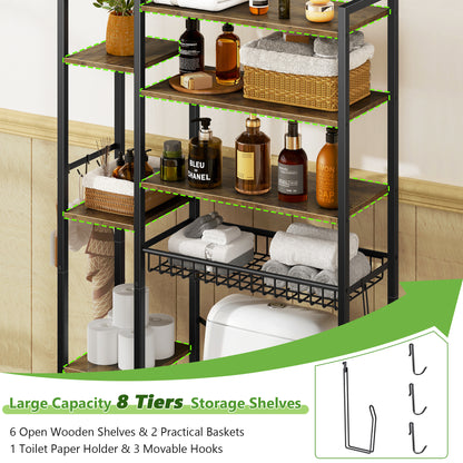 Toilet Storage Shelf, 8-Tier Wooden Bathroom Organizer Shelf Adjustable Saver Space Rack with Toilet Paper Holder, Brown