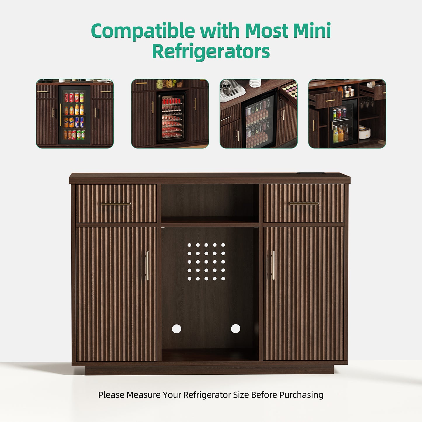 Kalrin Coffee Bar Cabinet Large with Fridge Storage, Mini Fridge Bar Cabinet with Adjustable Shelf, Wine Storage Buffet Sideboard Table for Home Bar, Built-in Charging Station, Modern Design